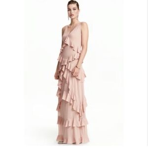 H&M Tiered Ruffle Chiffon Maxi Dress. Color: Blush. Size 2 and 12